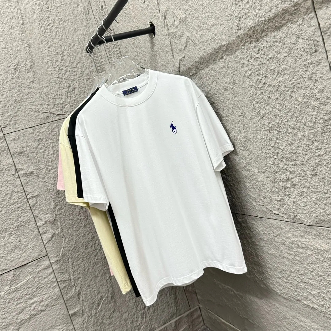 🅿️180 Polo* Ralph Lauren 2025 spring and summer new style Classic pony embroidery Customized double yarn plain cotton fabric Short-sleeved T-shirt Uniform for men and women Color: black white light pink light blue Size: S (90-130 pounds) M (120-150 pounds) L (140-165 pounds) XL (160-180 pounds) XXL (180-210 pounds)